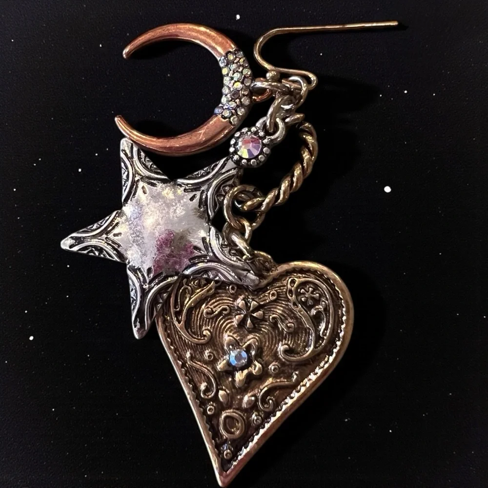 Boho Silver, Copper, and Bronze Toned Star and Heart Earrings Celestial Witchy